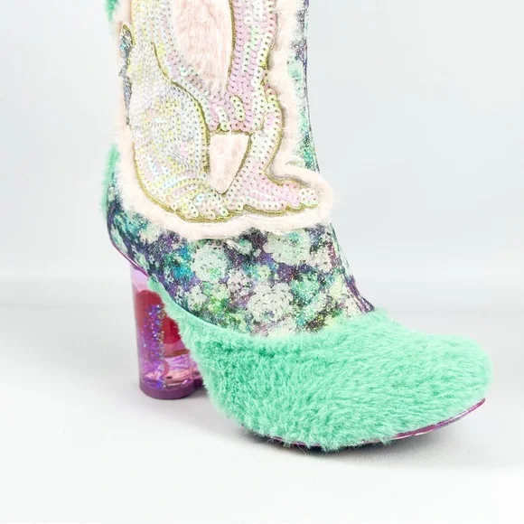 Irregular Choice “Lapin” Fuzzy Bunny Sequin Glitter Boots Mint Green & Pink - Picture 2 of 6